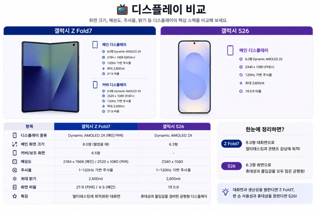 갤럭시 Z Fold7과 갤럭시 S26 디스플레이 비교