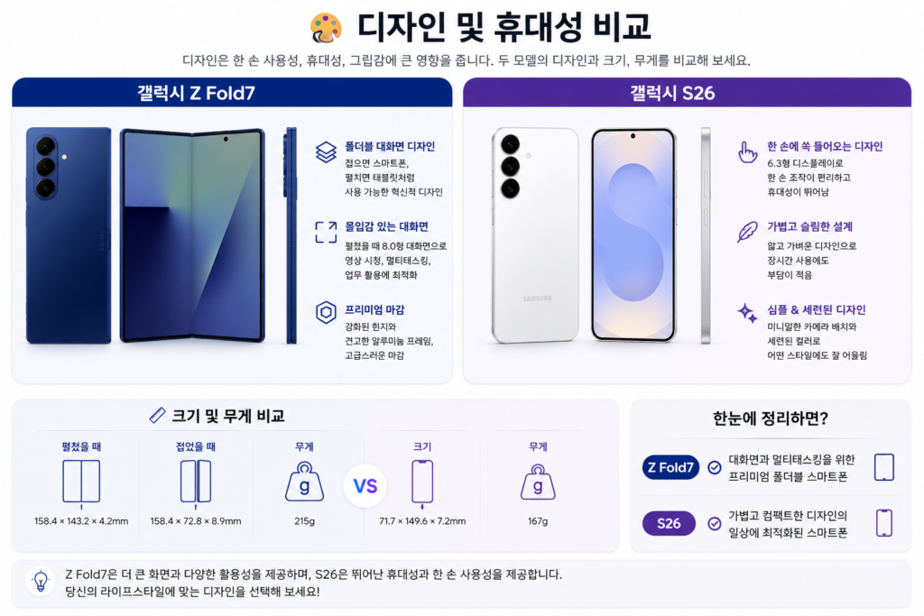 갤럭시 Z Fold7과 갤럭시 S26 디자인 비교
