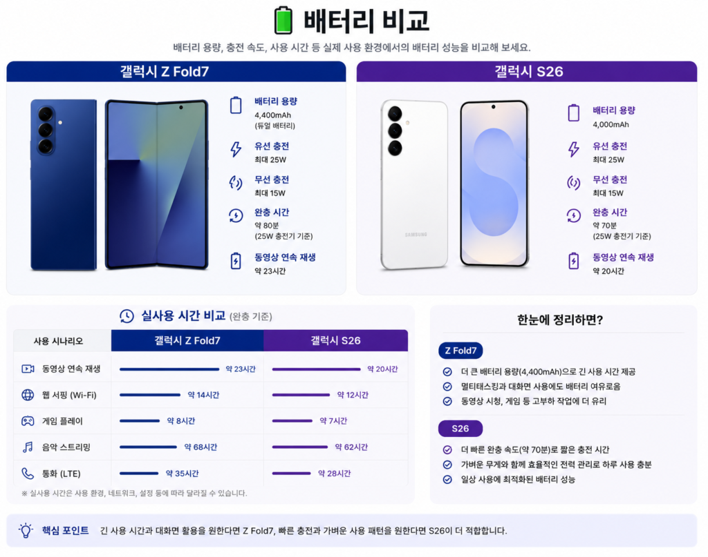 갤럭시 Z Fold7과 갤럭시 S26 배터리 비교